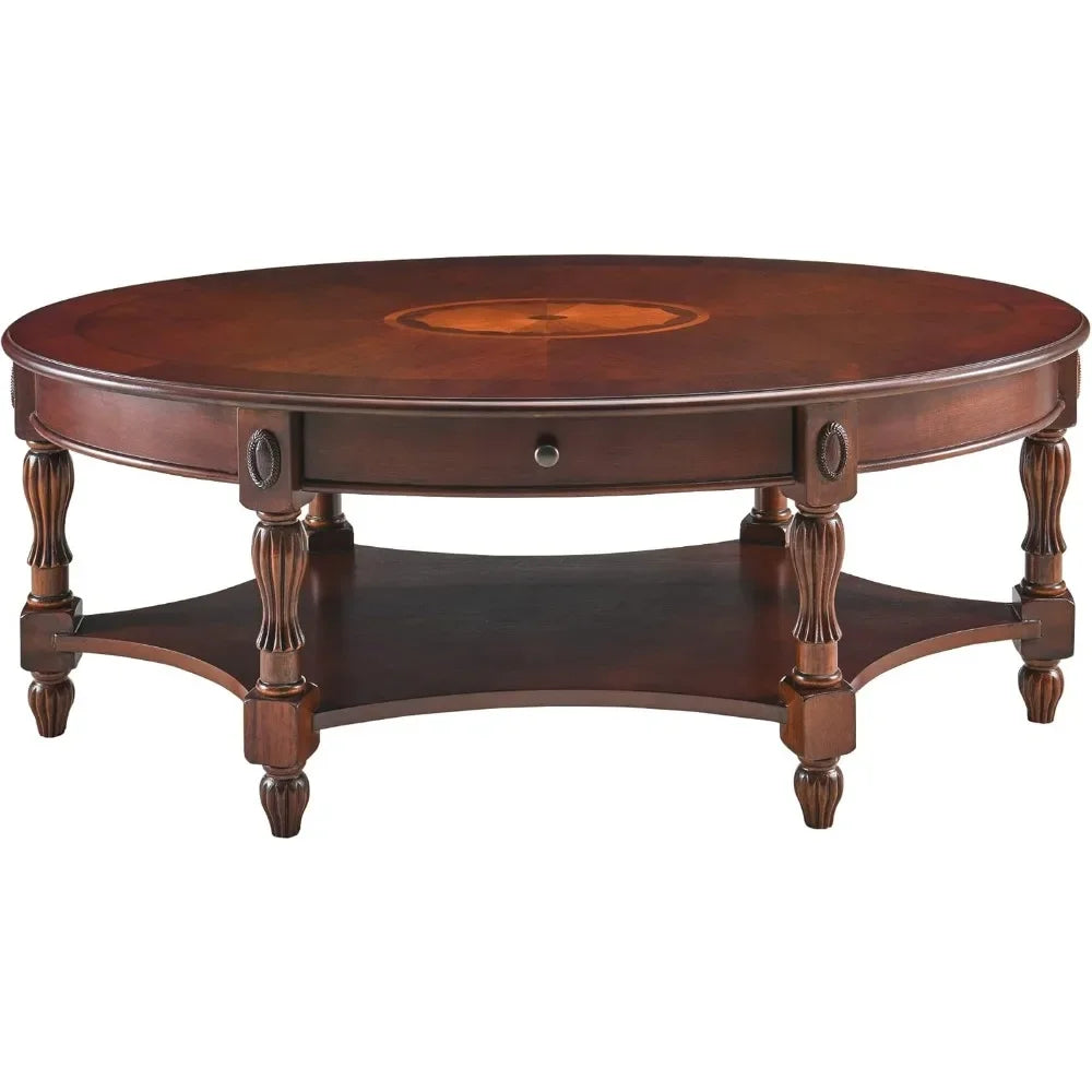 Solid Wood Coffee Table with Drawer Storage Shelf Oval Design Living Room