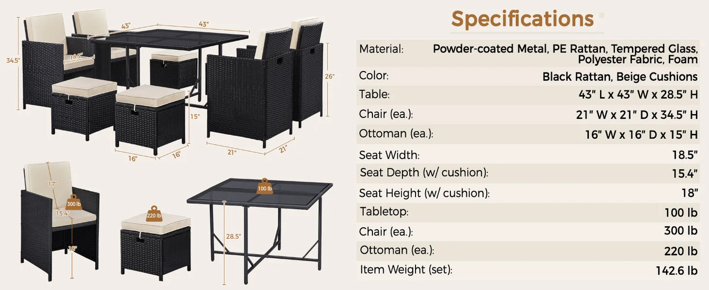 9-Piece Outdoor Rattan Dining Set Space Saving Wicker Furniture