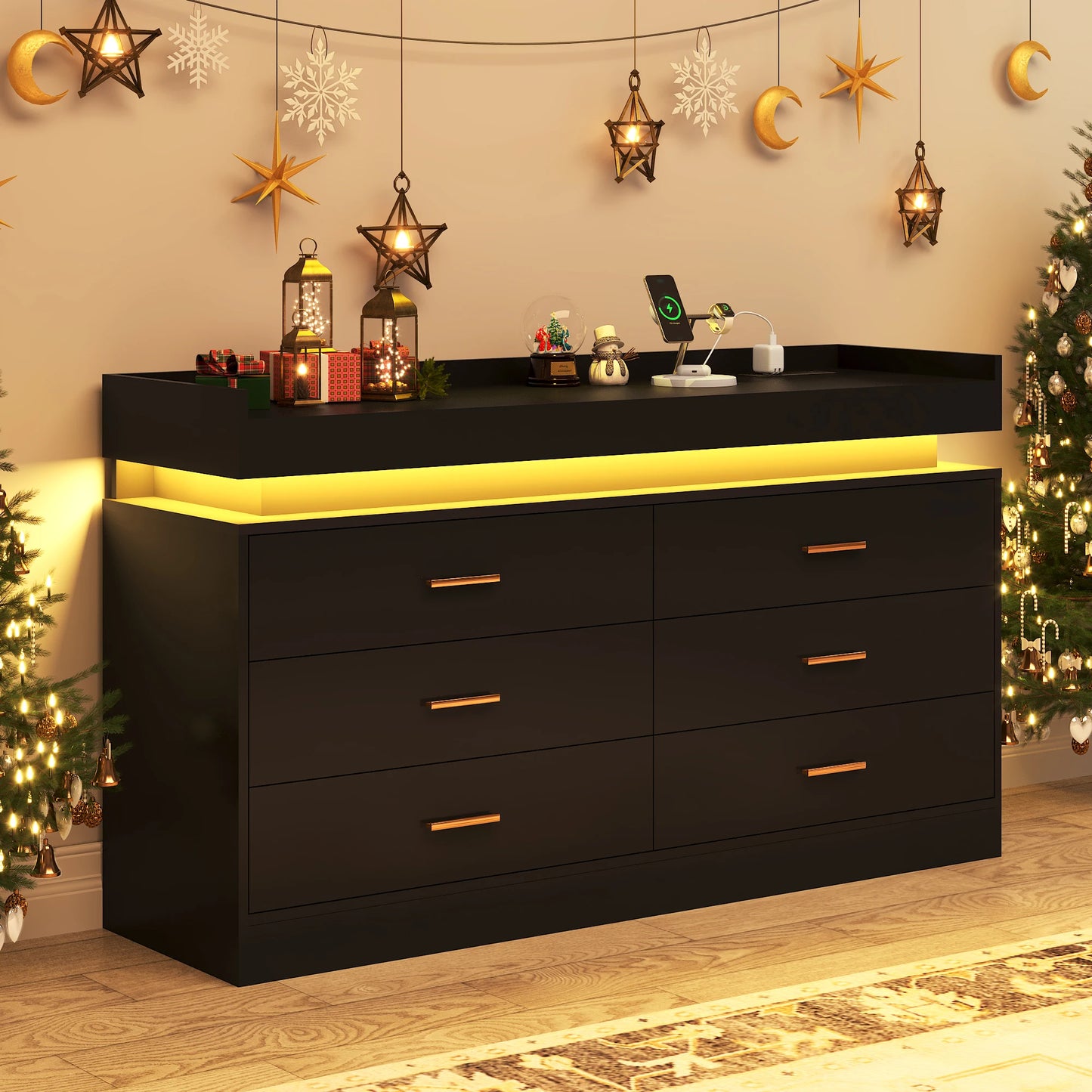 6 Drawer Dresser Modern Chest of Drawers with LED Light for Bedroom