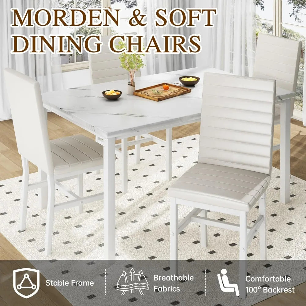 Dining Table Set for 4 Marble Top with Comfortable PU Leather Chairs