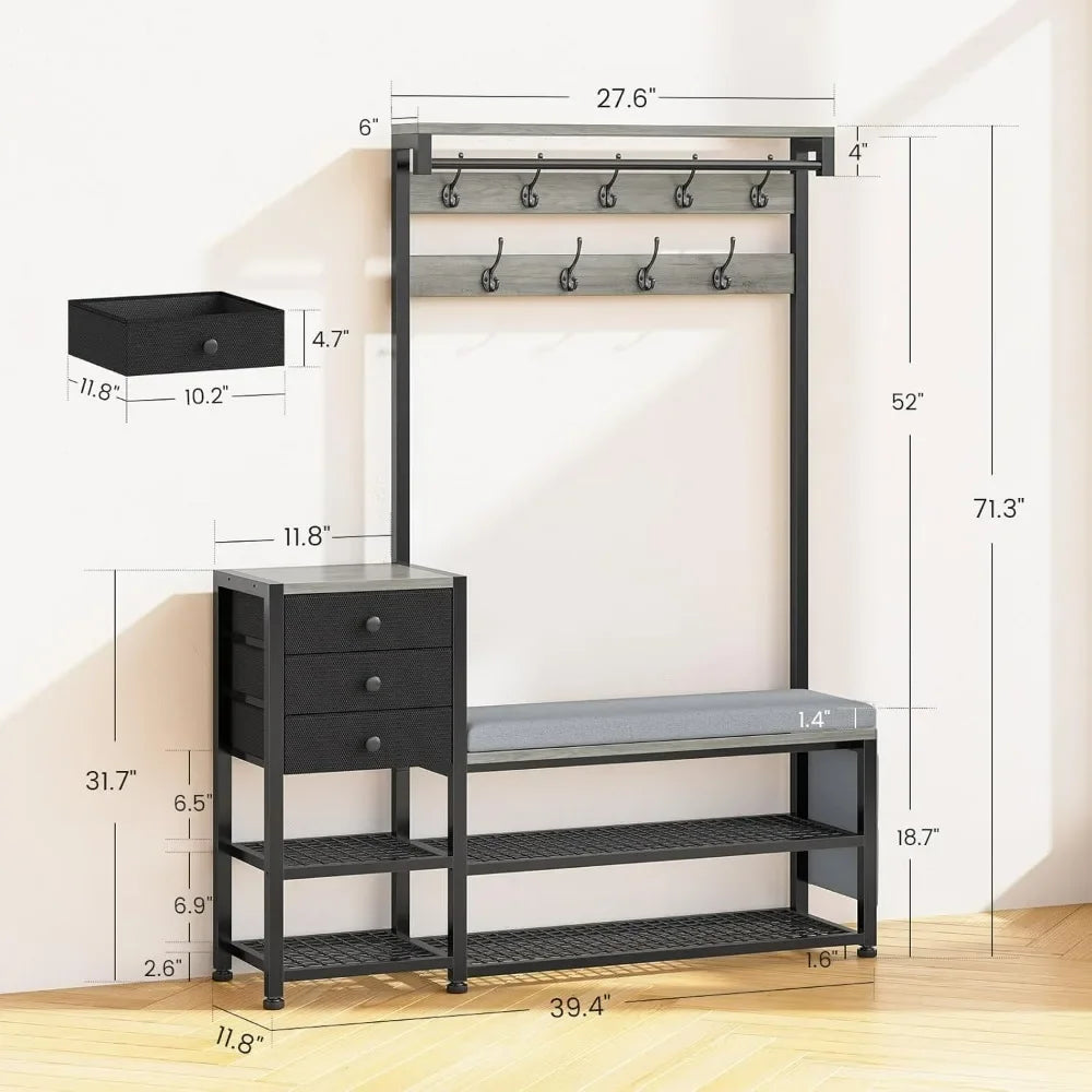 7-in-1 Entryway Bench Coat Rack with Storage Cushion and Drawers