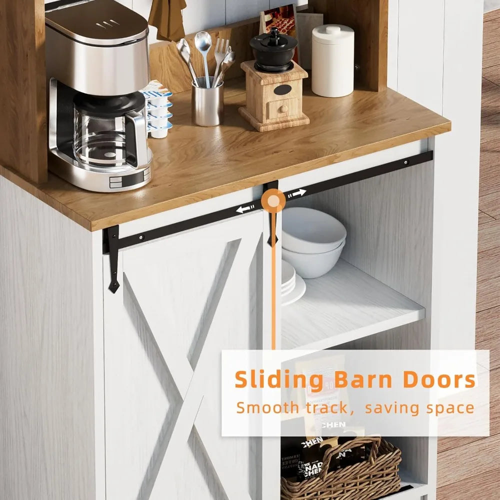 Farmhouse Coffee Station with Storage Hutch and Hooks for Home Bar