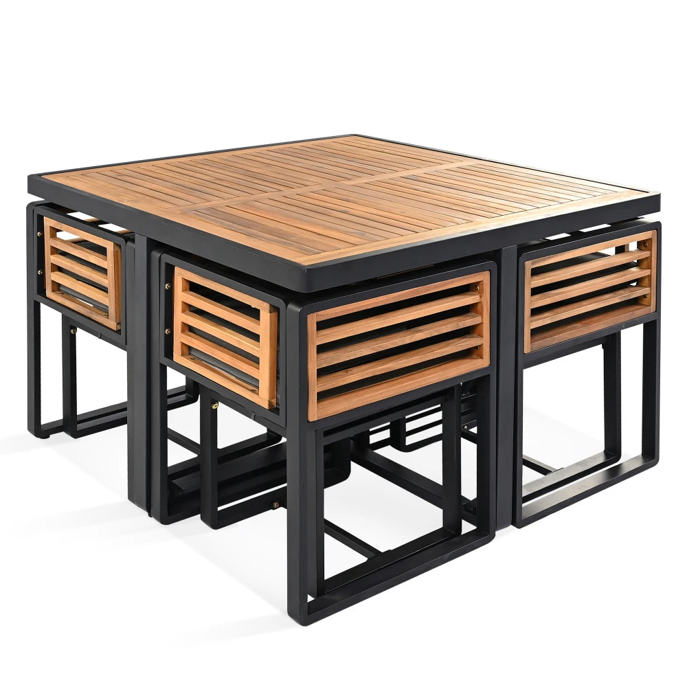 9-Piece Acacia Wood Patio Dining Set with Cushioned Chairs and Ottomans