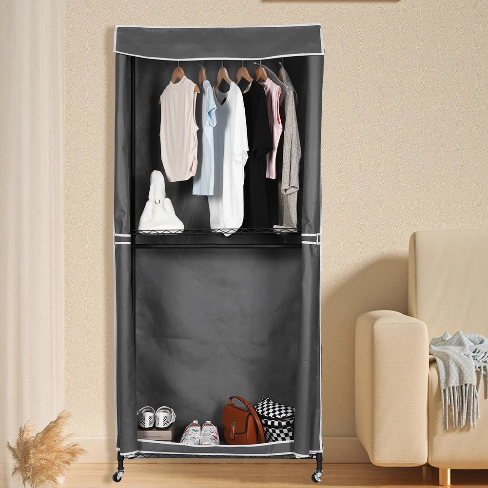 Portable Storage Closet with Wheels Heavy Duty Garment Rack with Cover