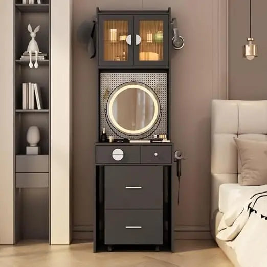 contemporary makeup vanity set with illuminated mirror and storage