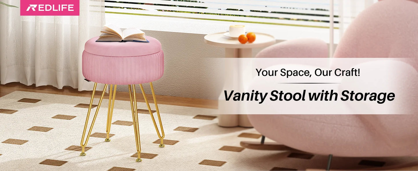 Redlife Velvet Vanity Stool Chair with Storage Makeup Footrest Living Room