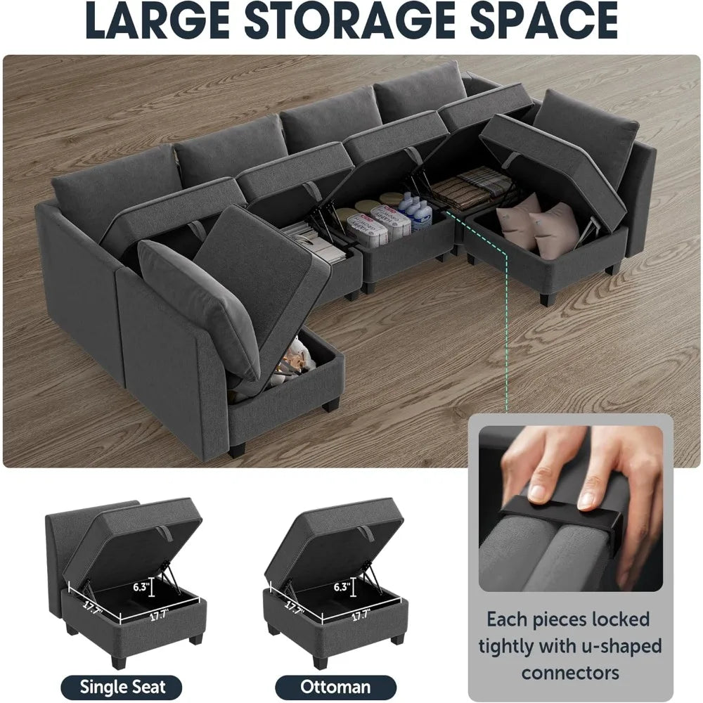 Modular Convertible Sectional Sofa 6-Seat U/L Shape Couch Storage Grey White