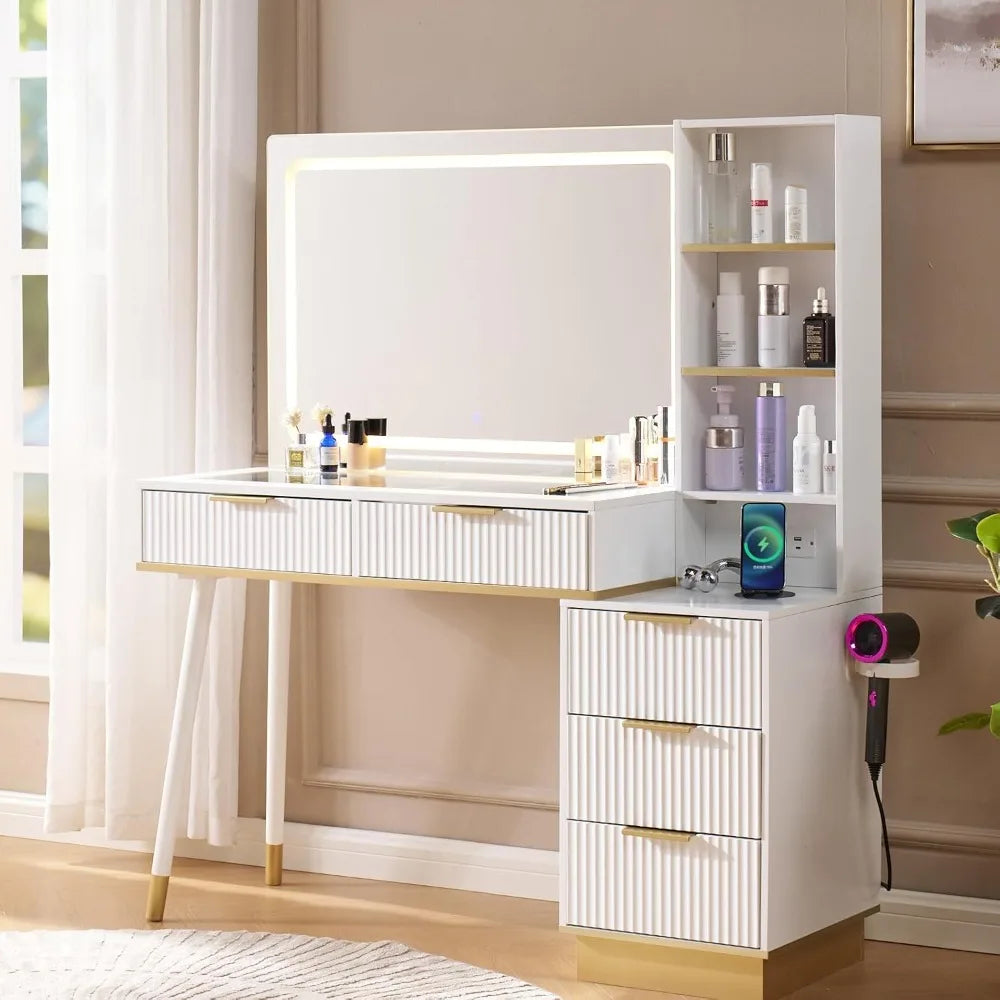 54 Inch Tall Vanity Desk with Large Mirror 5 Drawers and Shelves