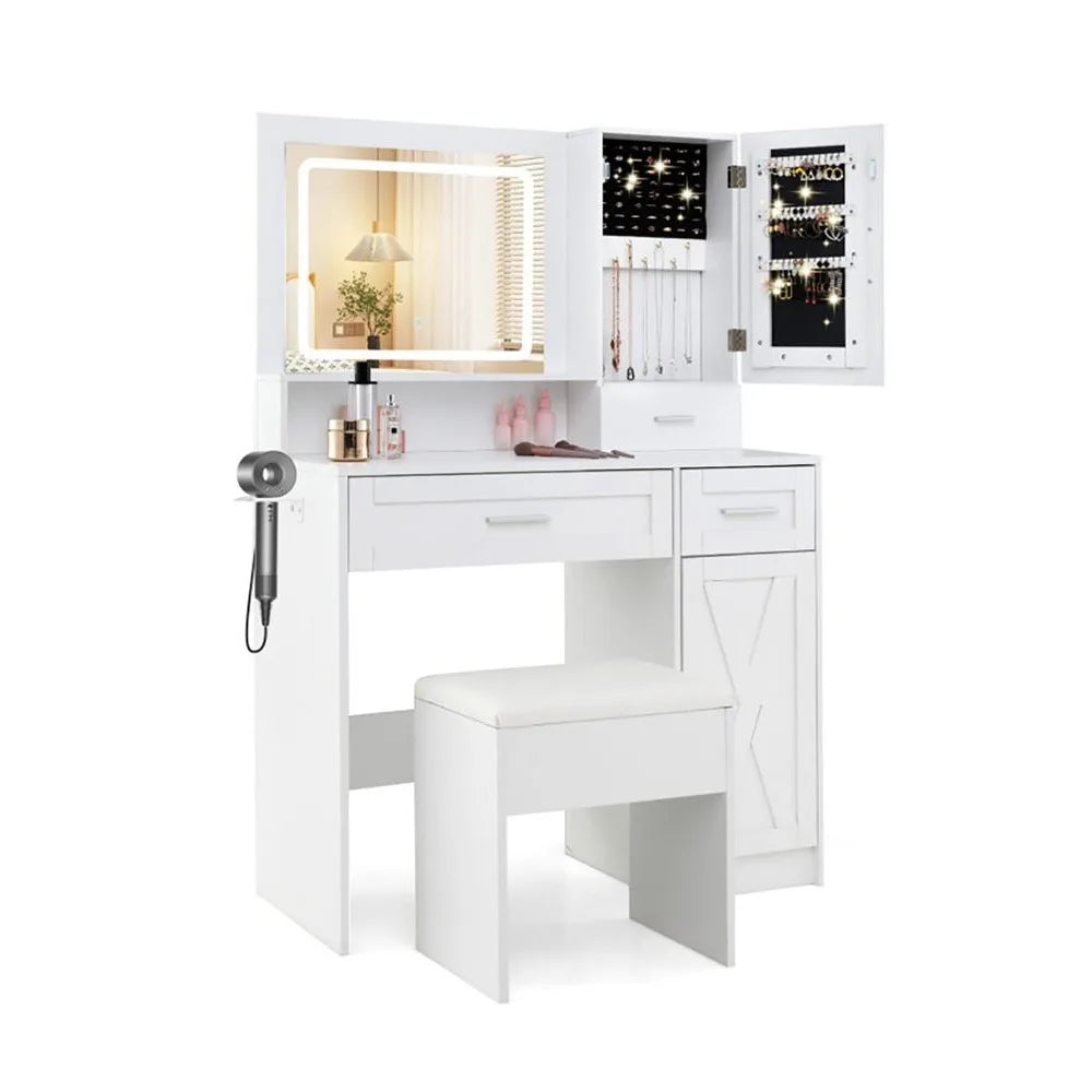Makeup Vanity Desk with Mirror LED Lights Dressing Table and Stool Set