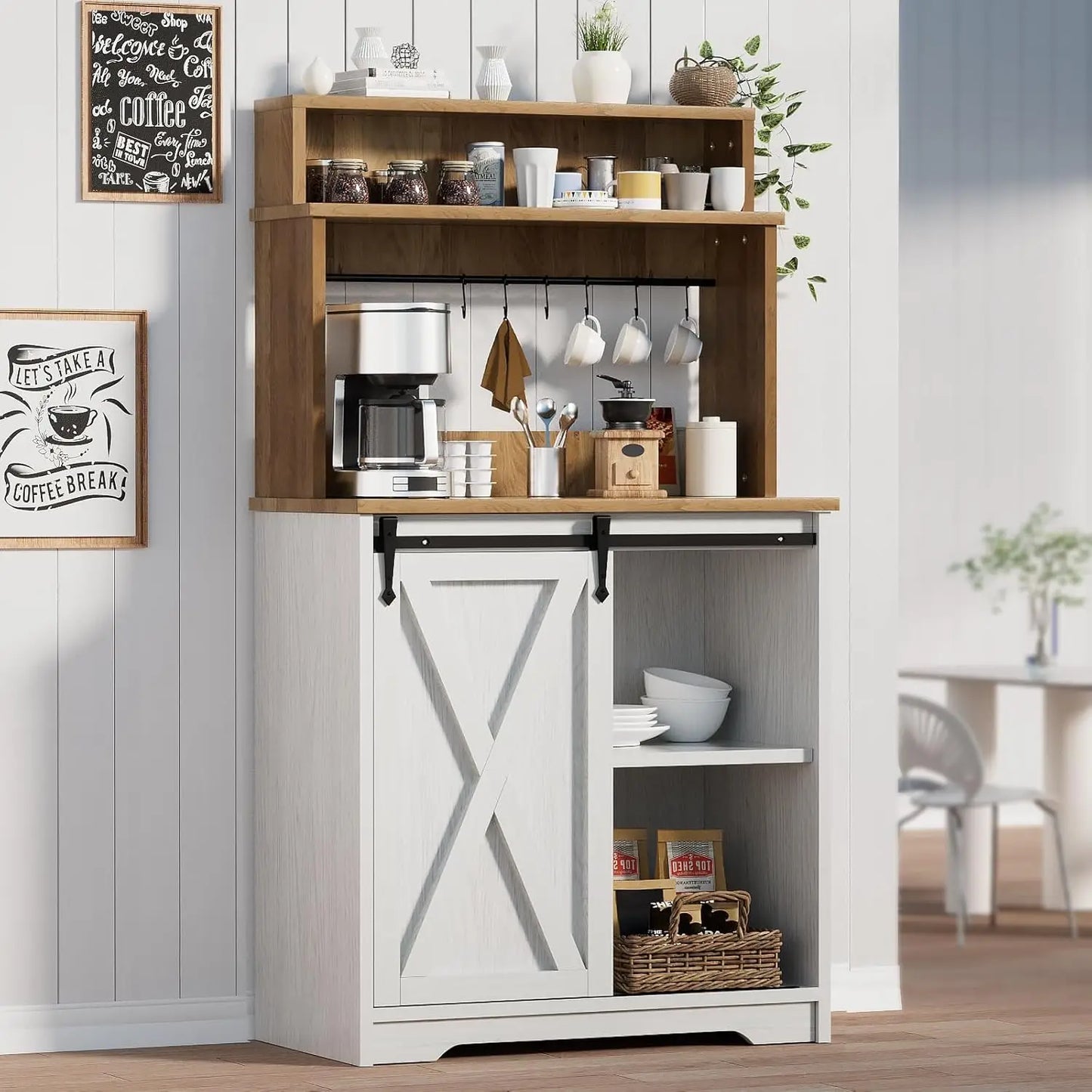 Farmhouse Coffee Station with Storage Hutch and Hooks for Home Bar