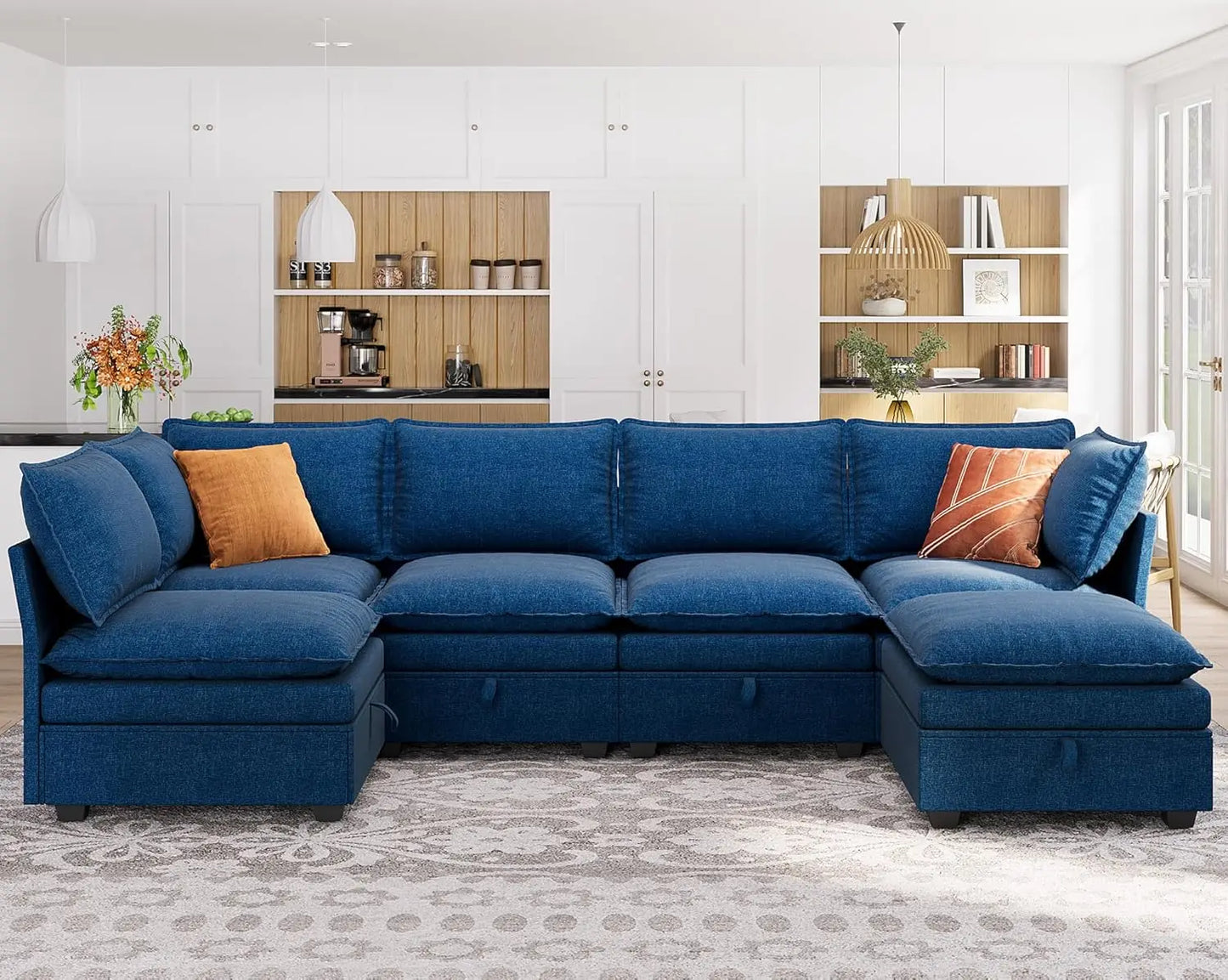 115” U-Shaped Modular Sofa Blue Sectional w/ Storage 6-Person Seating