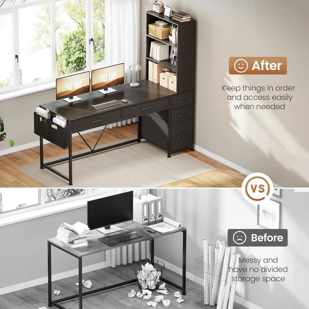 Computer Gaming Desk with 5 Drawers Bookshelf Reversible Home Office