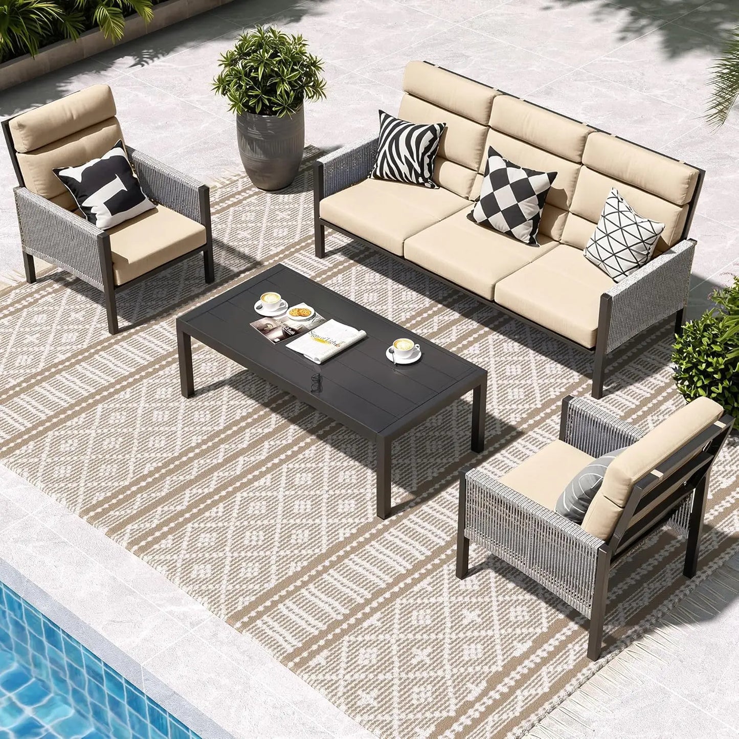 Aluminum High Back Outdoor Sectional Sofa 4 Piece Patio Furniture Set