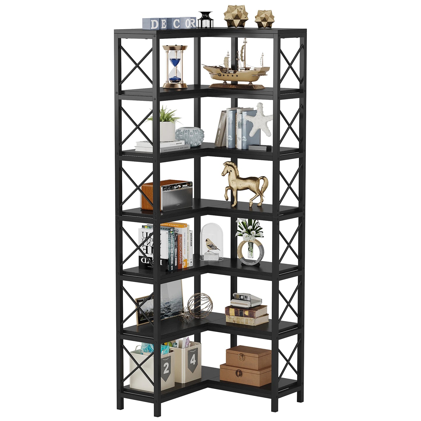 Ljustra 7-Shelf Corner Bookshelf Modern Corner Bookcase Storage Rack