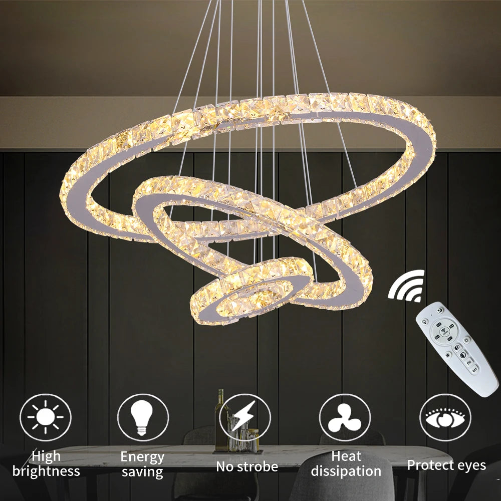 Modern Crystal Chandelier Pendant Light Dimmable LED with Remote Control