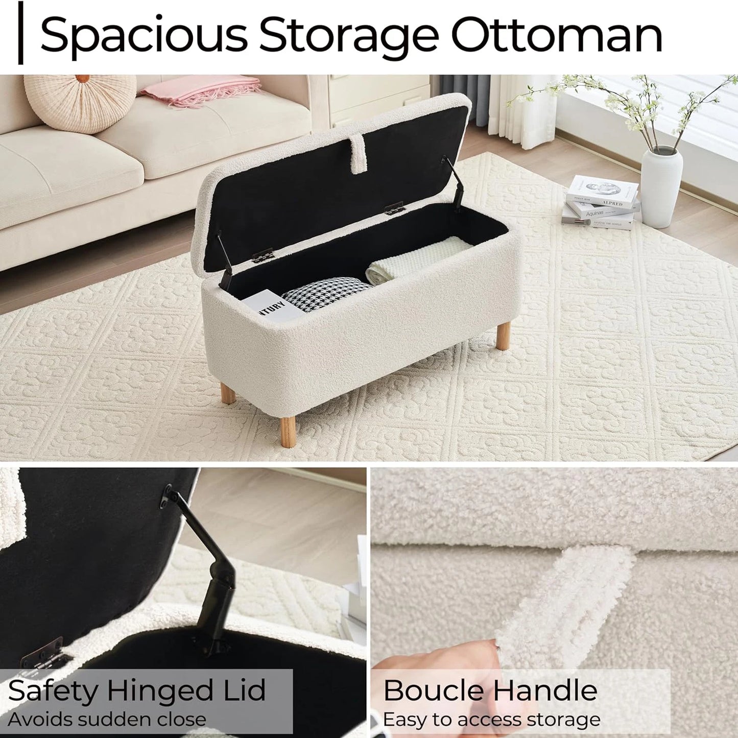 Boucle Storage Ottoman Bench for Bedroom Entryway Home Decor