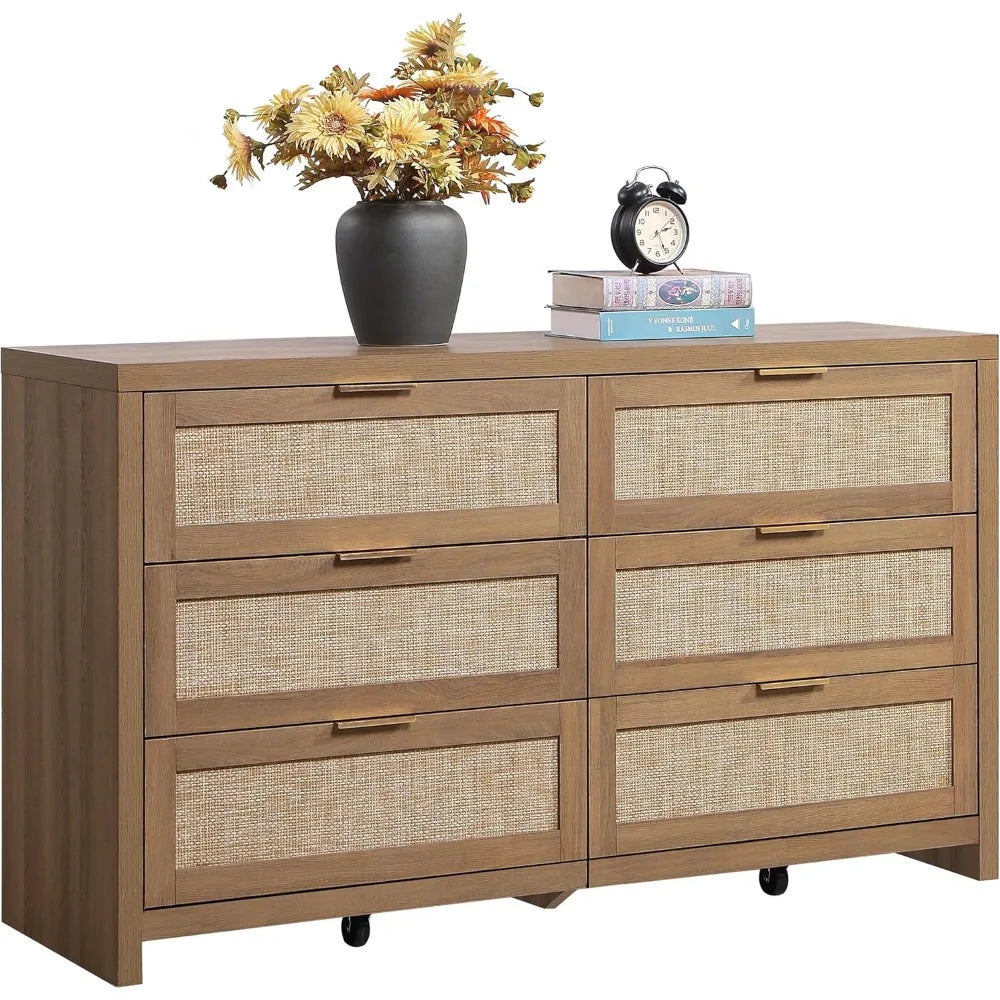 Rattan Dresser 6 Drawer Chest Storage Modern Bohemian Style for Bedroom