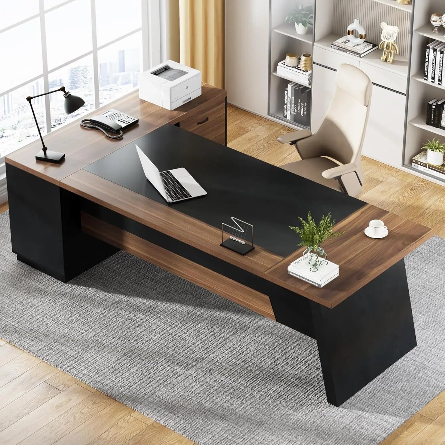 Modern L-Shaped Executive Desk with Drawers and File Cabinet Office