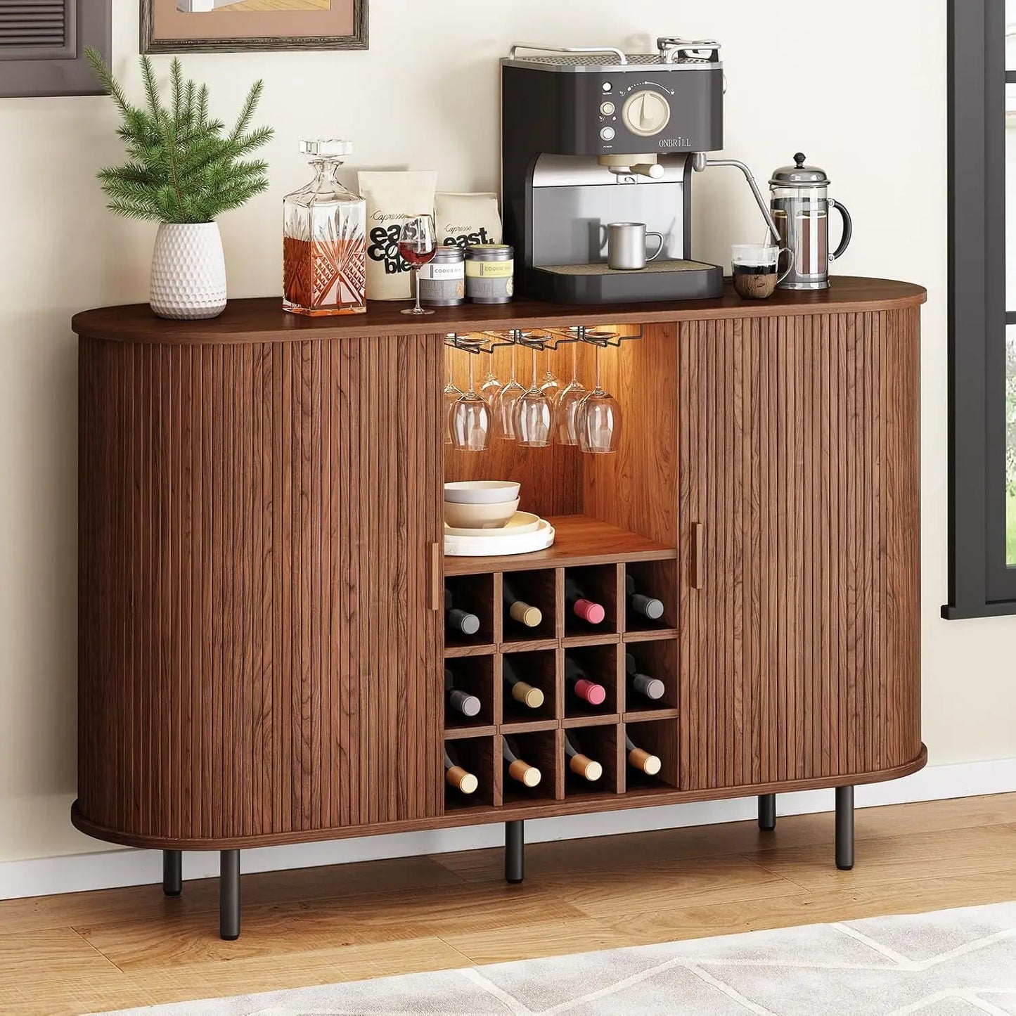 Limited Stock 55 Inch Wine Bar Cabinet with LED Light Modern Storage