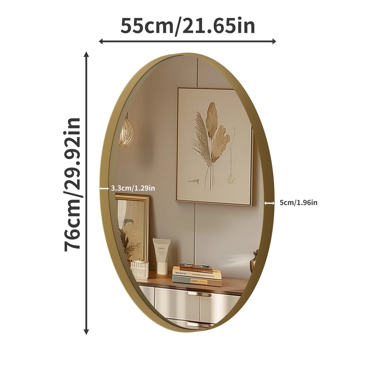 Oval Wall Mounted Mirror Brushed Gold Aluminum Accent Mirror Decor