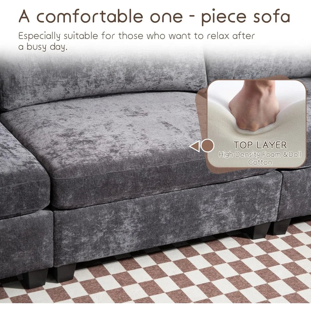 Modern Chenille 3-Seater Sofa w/ Storage, Deep Cushions, 111" Couch, Grey