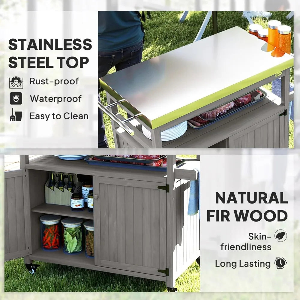 Outdoor Grill Cart with Wheels Storage Solid Wood Stainless Steel Top