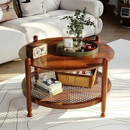 32 Inch Round Coffee Table Rustic Wood 2-Tier Boho Woven Storage