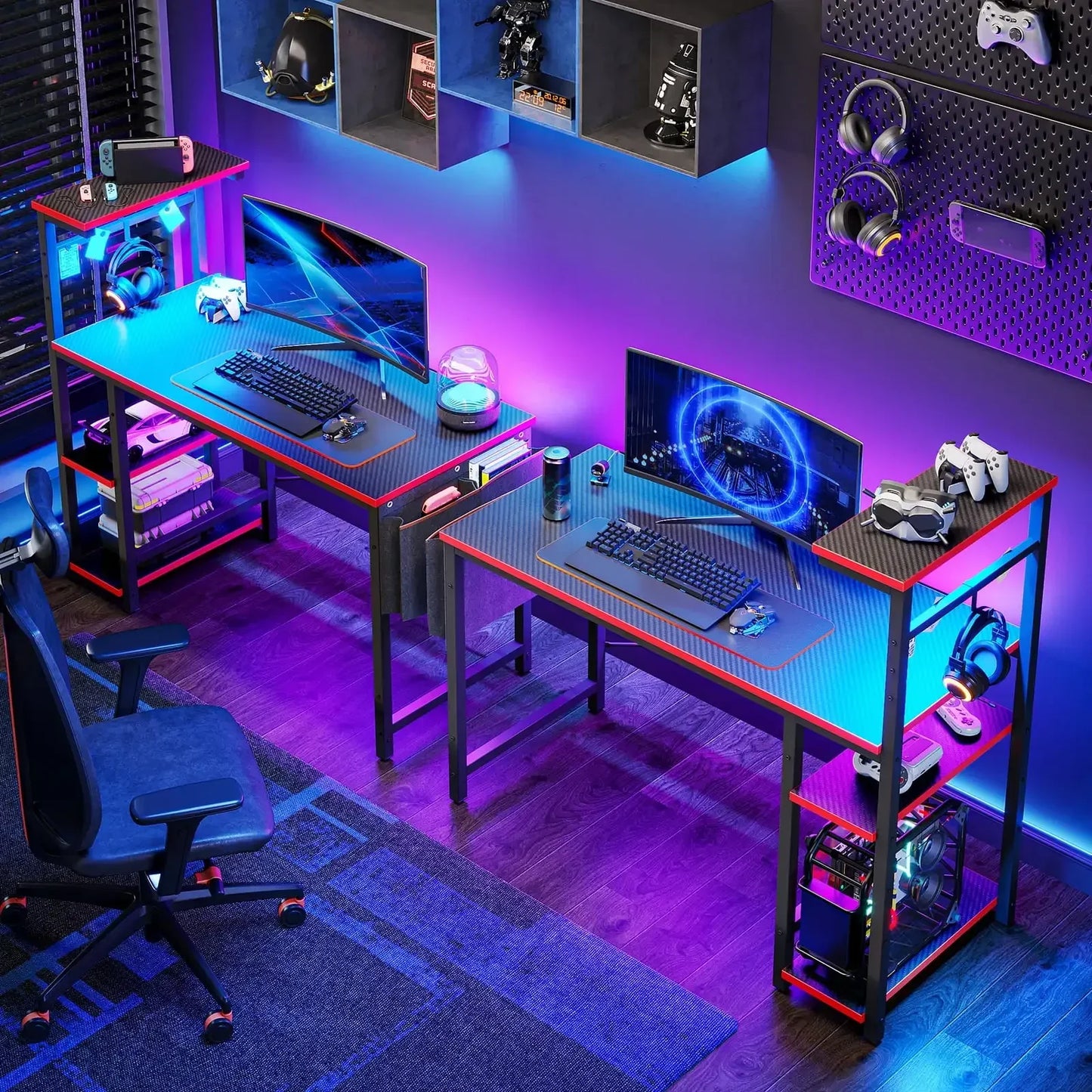 Computer Gaming Desk 44 Inch with LED Lights Reversible Shelves Carbon Fiber