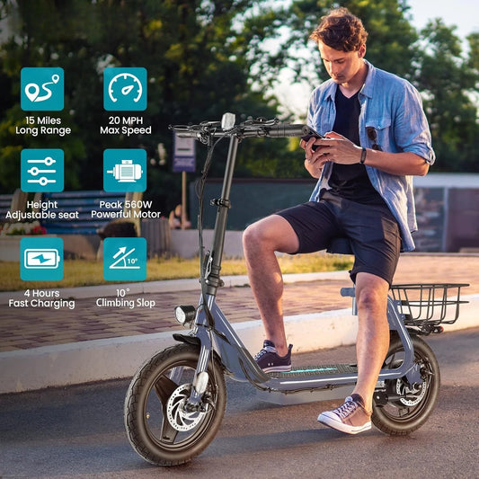 Peak 560W Electric Scooter Adults 14 Inch Tire 20MPH Foldable Seat