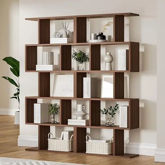 Black 5-Tier Geometric Bookcase Modern S-Shaped Bookshelf Room Divider