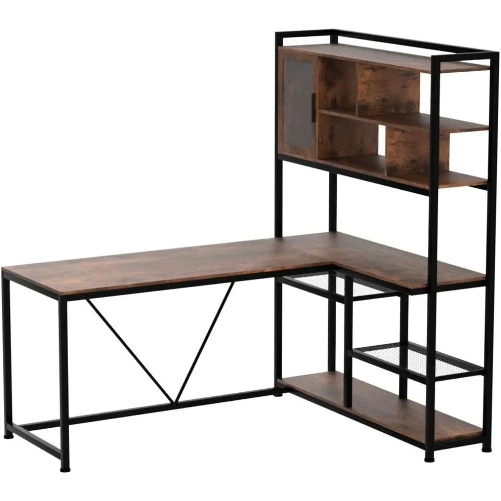 L Shaped Computer Desk with LED Light and Bookshelf for Home Office