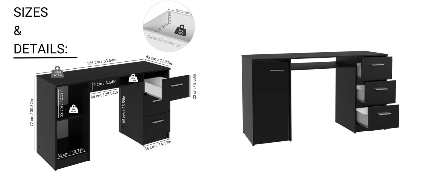 Computer Desk with Drawers and Storage Shelf Modern Home Office Workstation