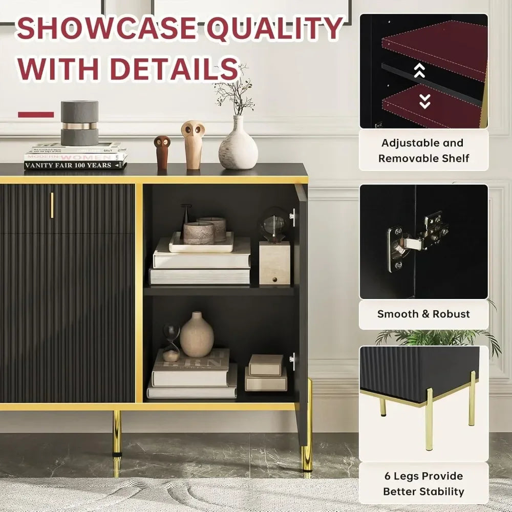 60" Modern Sideboard Buffet Cabinet Fluted Storage Adjustable Shelves
