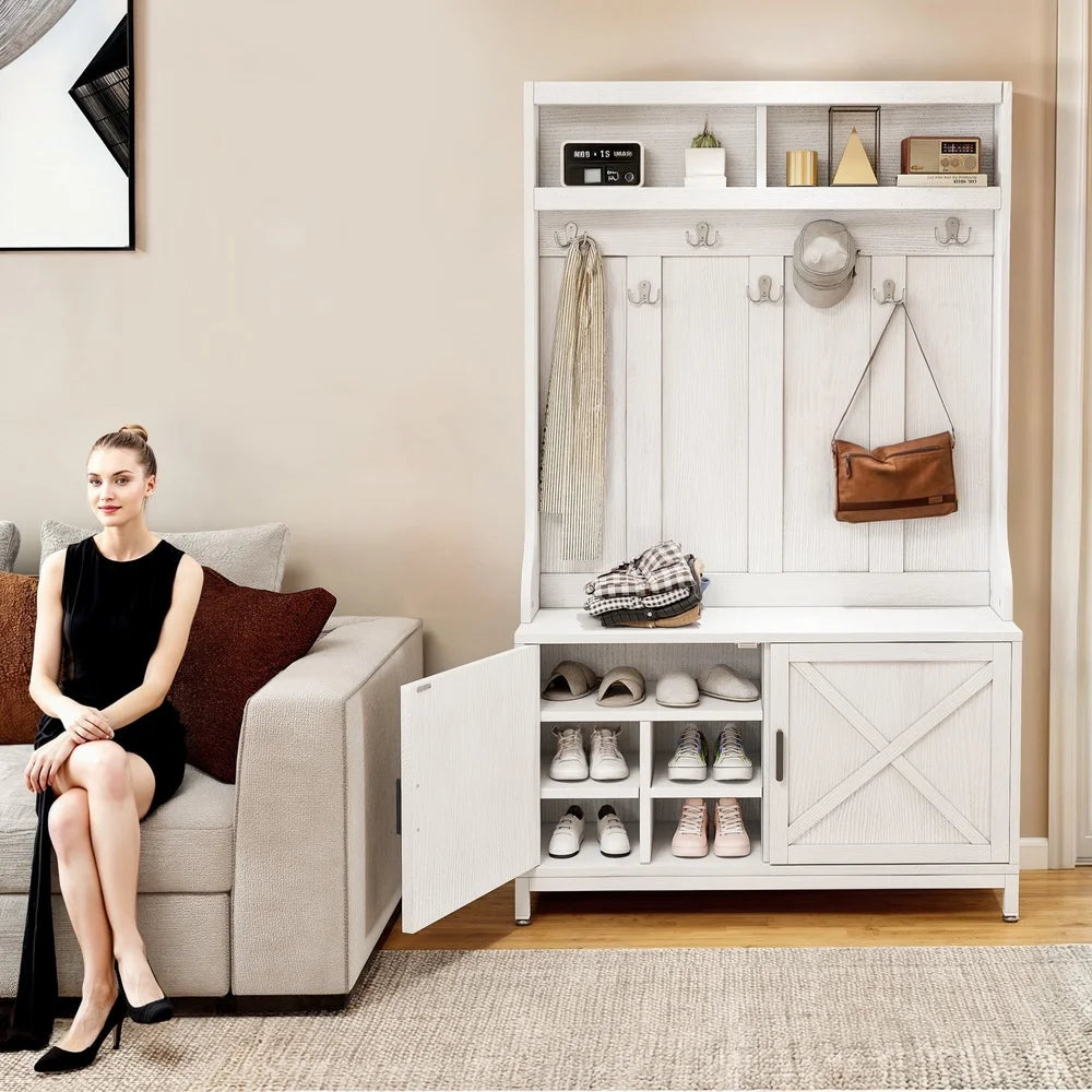 4-in-1 Freestanding Hall Tree Coat Rack Storage Bench Organizer