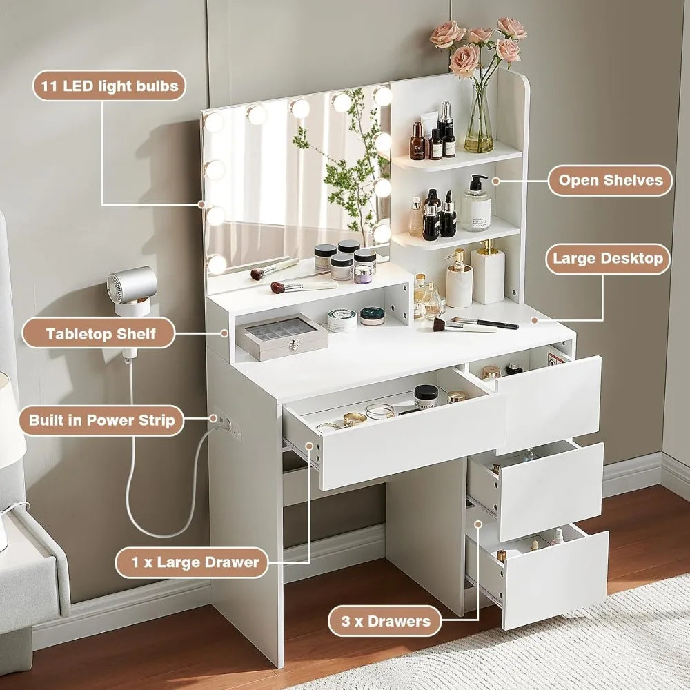 Makeup Vanity Desk with LED Light Power Outlet Storage Chair Set