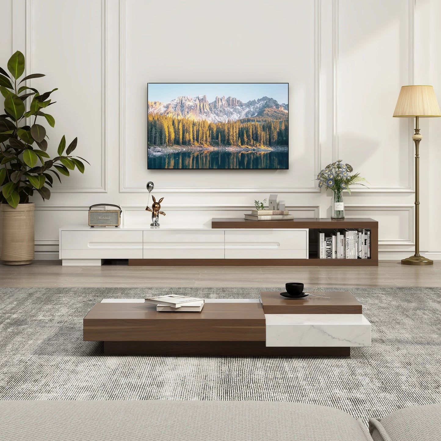 Extendable TV Stand for 120" TV Modern Wood Console with Drawers