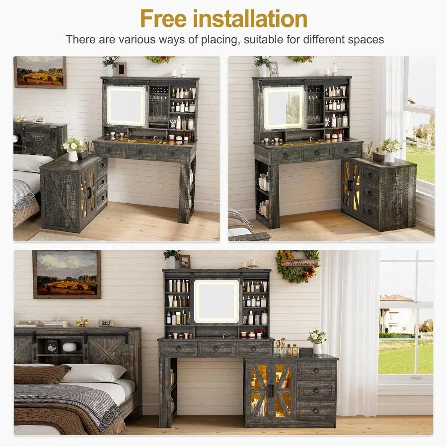 Farmhouse Vanity Desk Sliding Mirror Makeup Table Jewelry Storage 60W