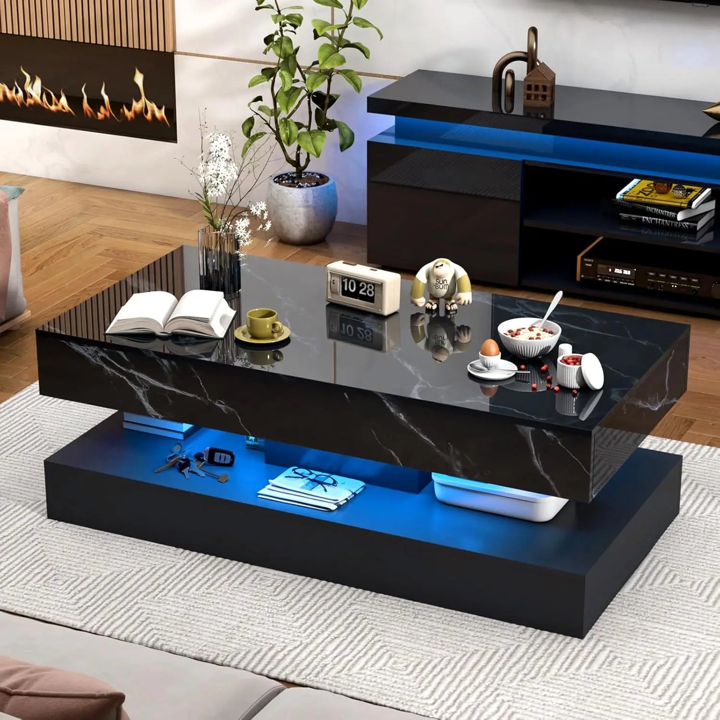 Modern Coffee Table with LED Lights Double-Layer Design Storage Drawers