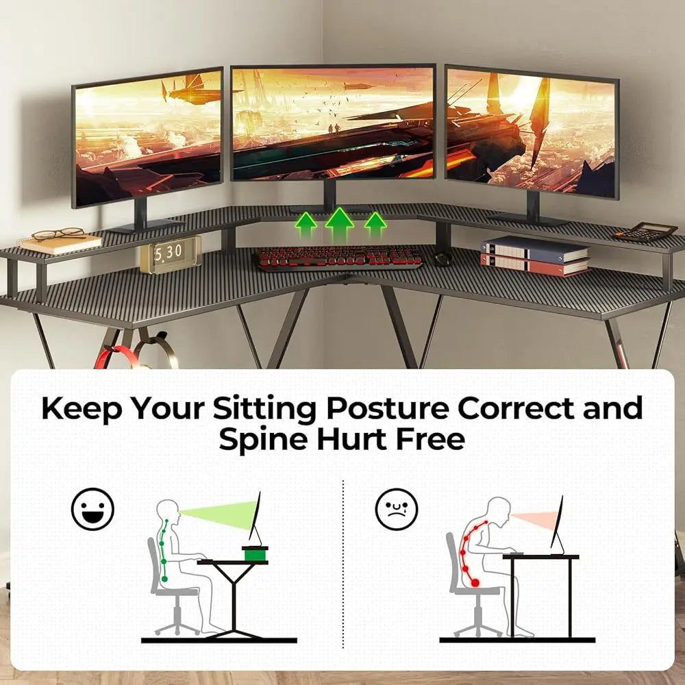 L Shaped Gaming Desk With LED Lights Power Outlets Monitor Stand