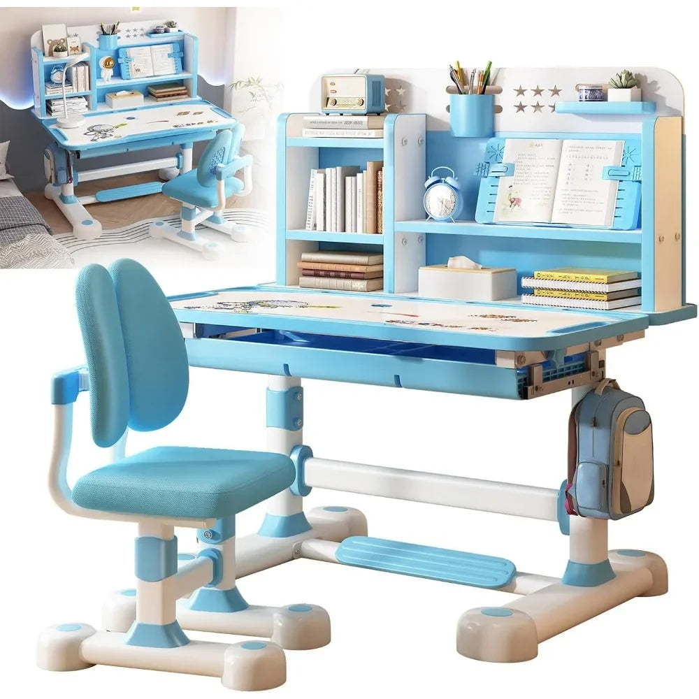 Kids Height Adjustable Study Desk Chair Set with Sitting Corrector