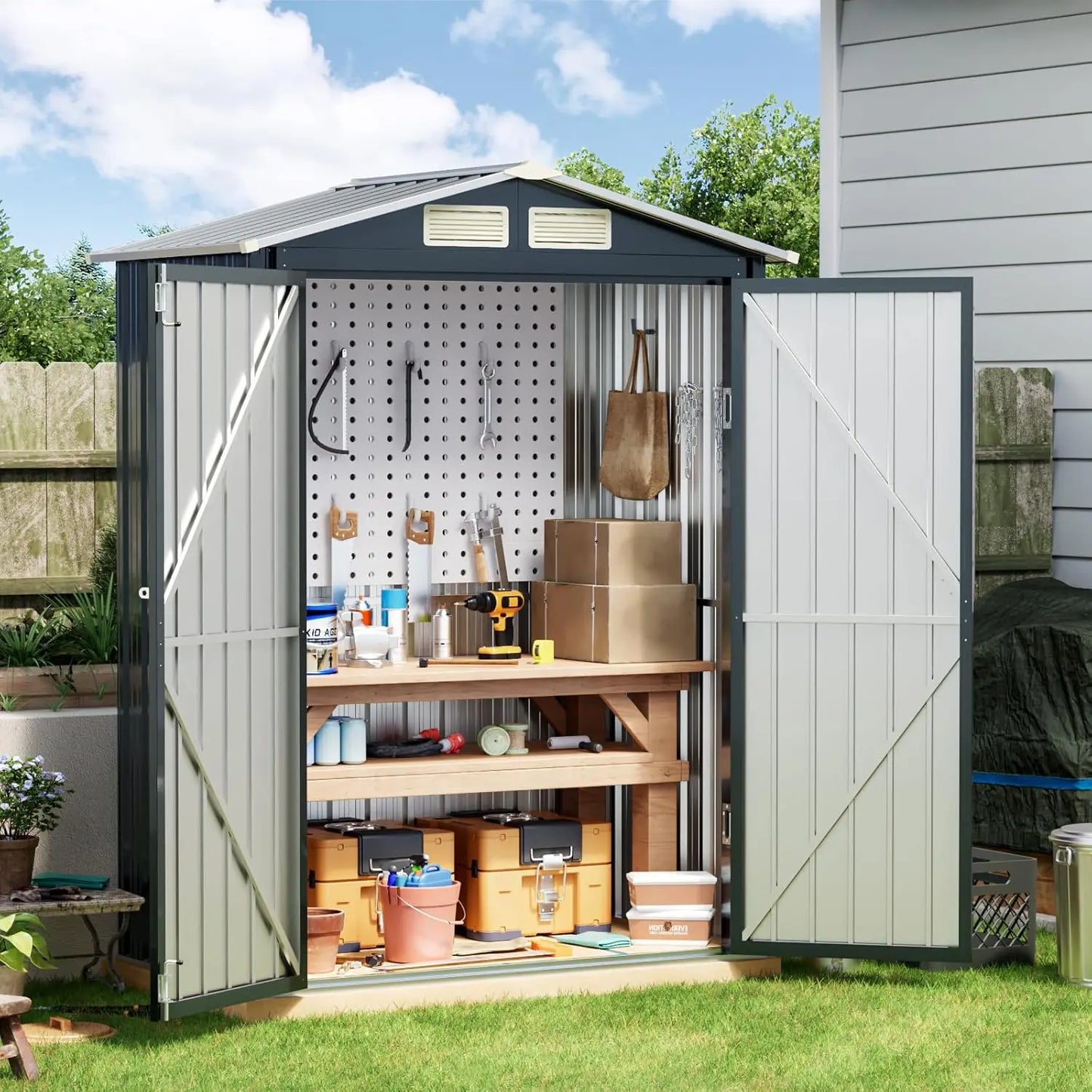 6x4FT Outdoor Steel Storage Shed Lockable Doors Garden Tool Storage