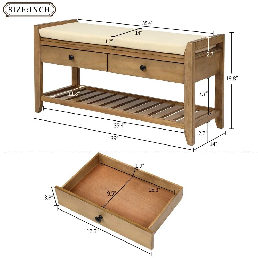 Entry Storage Bench Shoe Rack with Cushioned Seat and Drawers