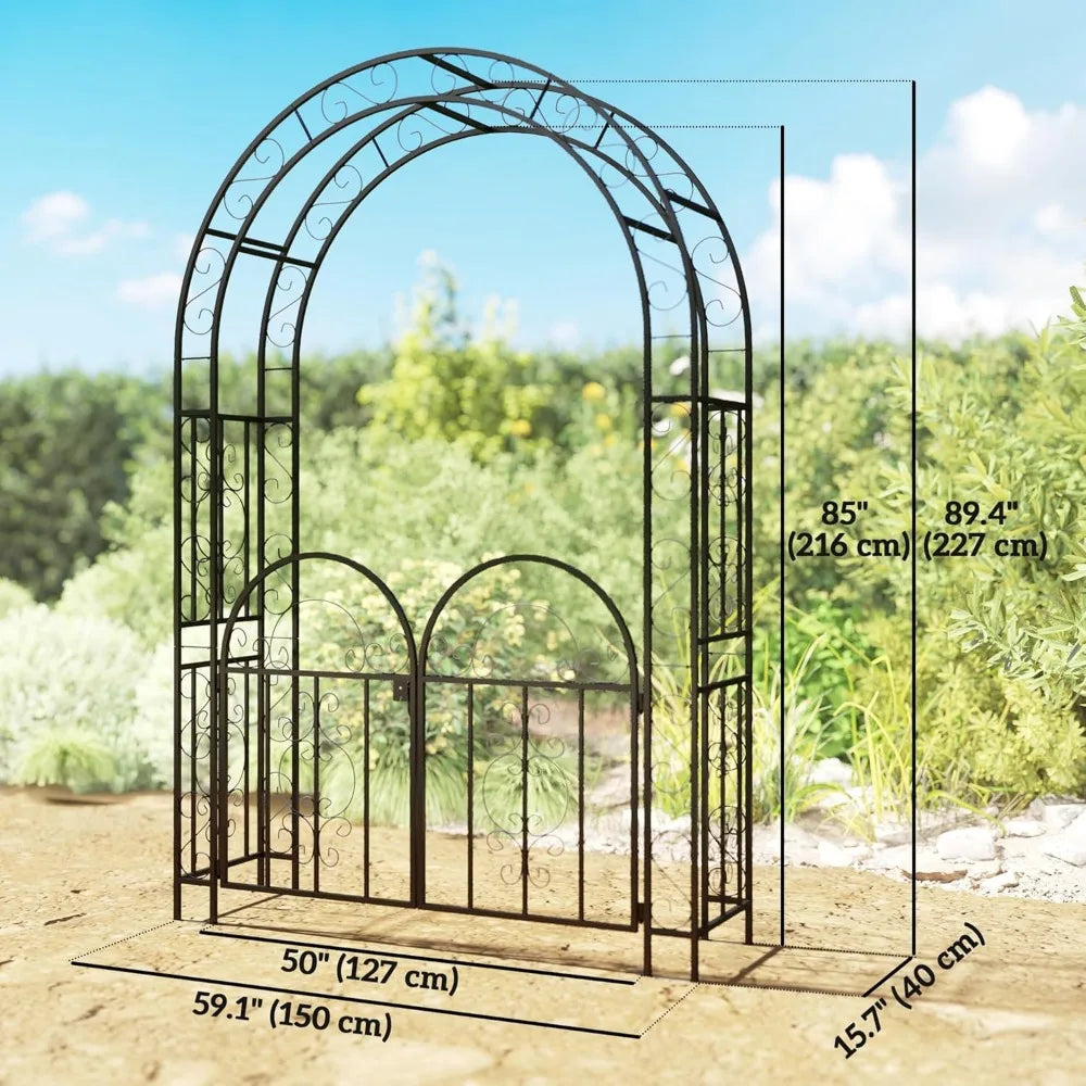 7.4ft Steel Garden Arch with Gate Outdoor Trellis for Climbing Plants
