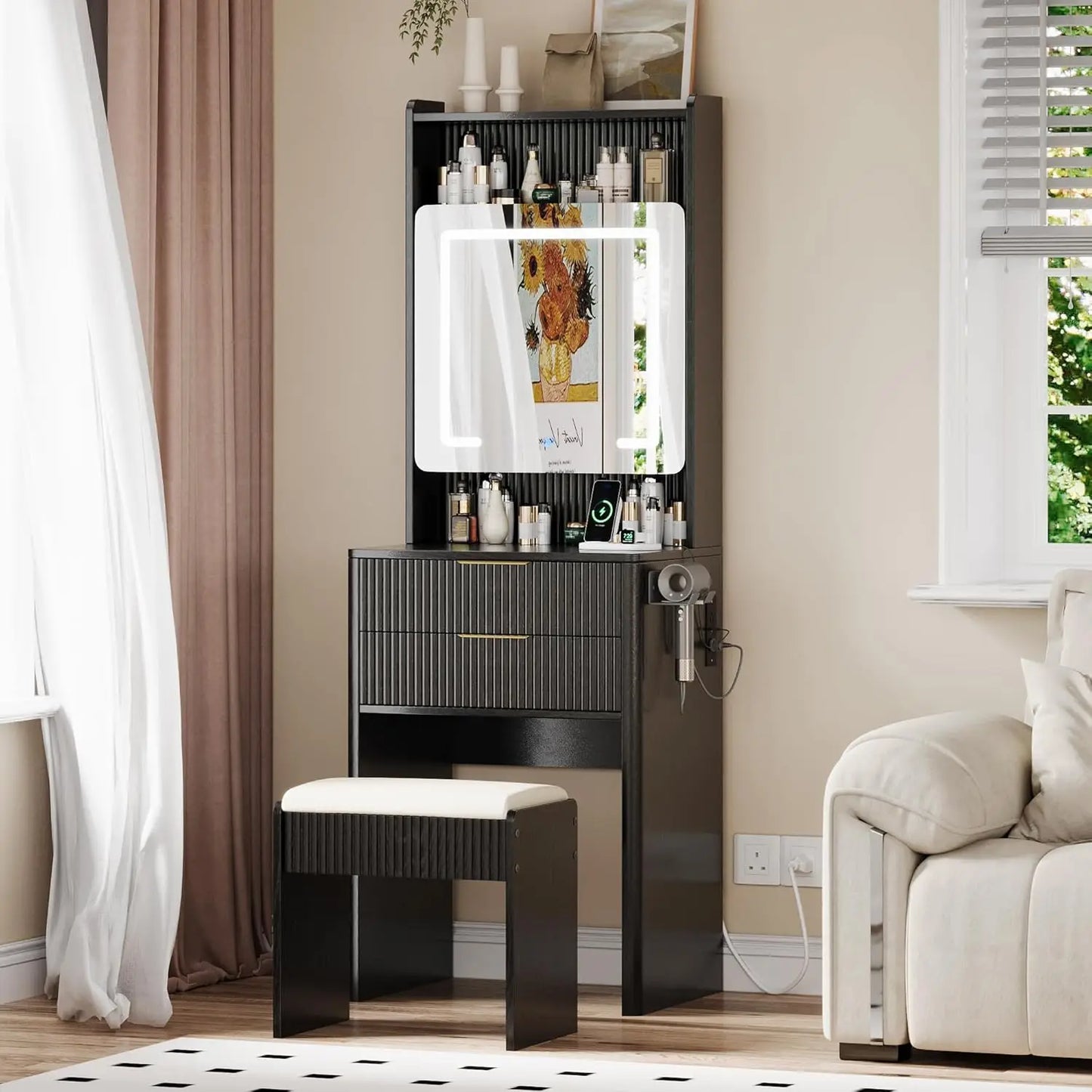 Black Vanity Desk with Mirror LED Lights Charging Station Makeup Table