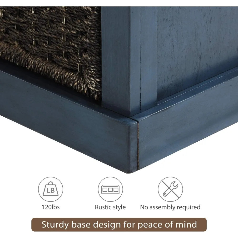 Rustic Storage Bench Entryway Bench with Rattan Baskets and Cushion