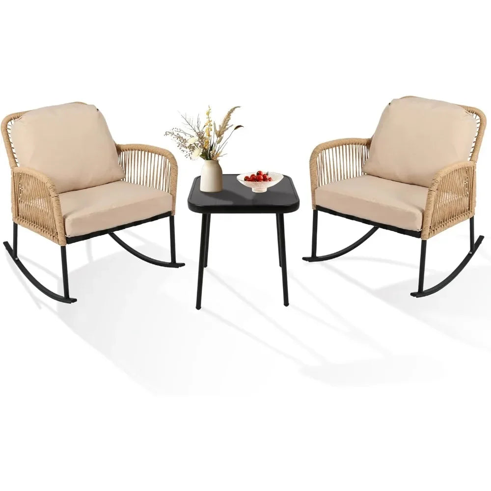 Boho Patio Rocking Chairs Set of 2 with Coffee Table Outdoor Furniture