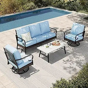 4-Piece Patio Furniture Set Rattan Rocking Chairs Sofa Marble Table