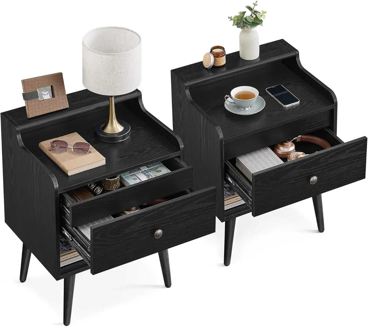 Nightstands Set of 2 Mid-Century Bedside Tables with Hidden Drawers