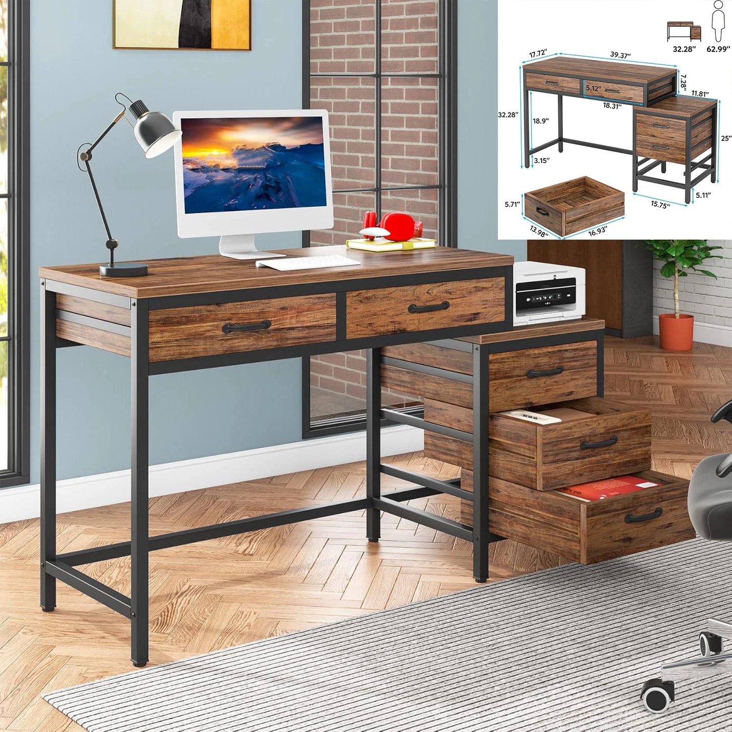 L-Shaped Computer Desk with 3 Drawers for Home Office Small Space