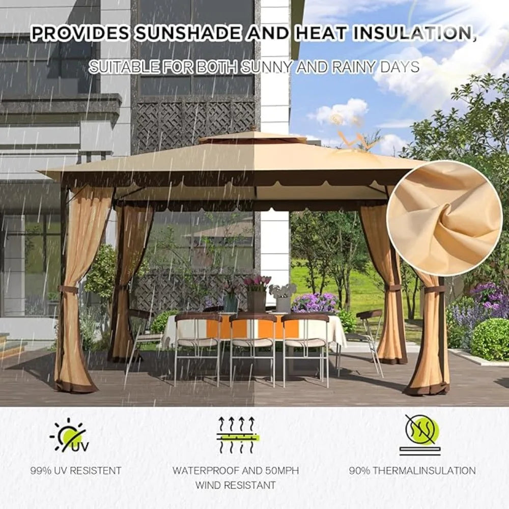 Gazebo with Mosquito Netting Dual Air Roof 10x12 Sturdy Metal Patio